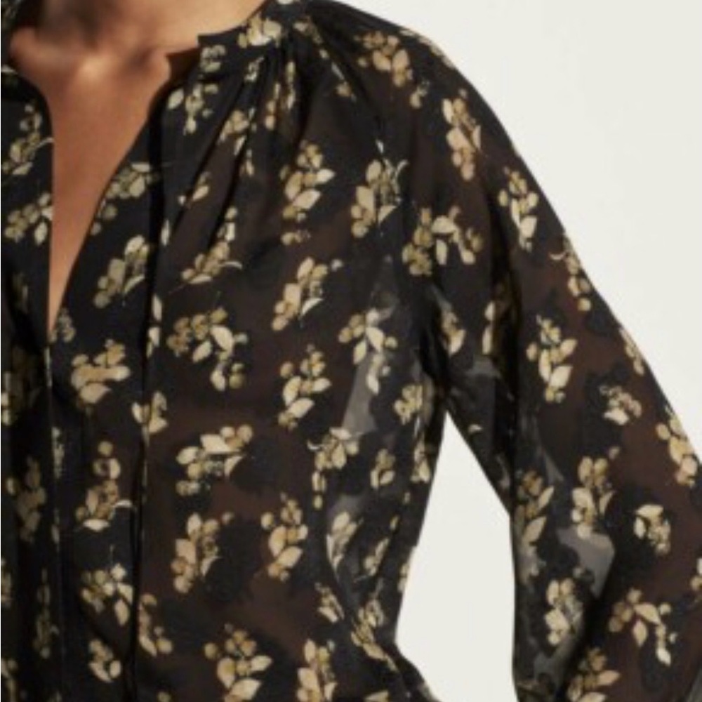 Vince Dandelion Poet Blouse Gathered Floral Print Silk Crepon Black Printed Top - Picture 7 of 13